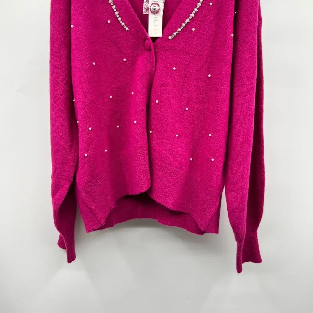 99 Jane Street Womens Knit Cardigan Pearls Button Up Fuchsia Size Small New